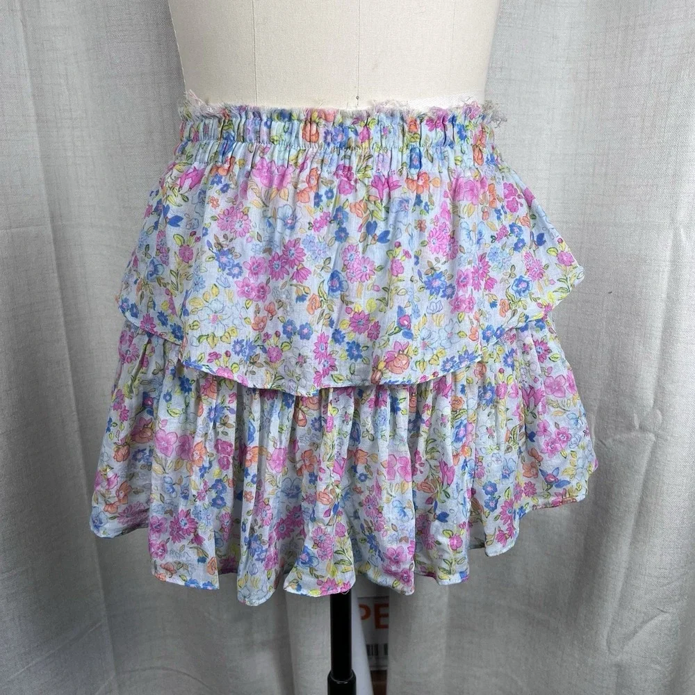 LoveShackFancy Ruffle Tiered Mini‎ Skirt Coral Reef Waves Floral Blue Small